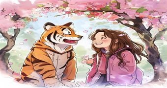 小虎看番恋爱校园番剧《初恋的距离》截图，两位高中生在樱花树下相视而笑，温馨治愈画风